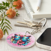 Blauwe vlinder en roze bloemen gepersonaliseerd sleutelhanger (Voorkant Rechts)