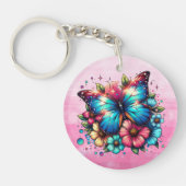 Blauwe vlinder en roze bloemen gepersonaliseerd sleutelhanger (Voorkant)