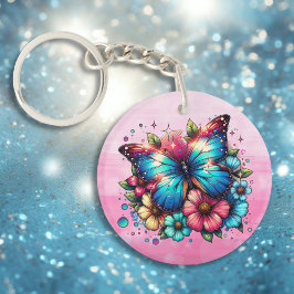 Blauwe vlinder en roze bloemen gepersonaliseerd sleutelhanger