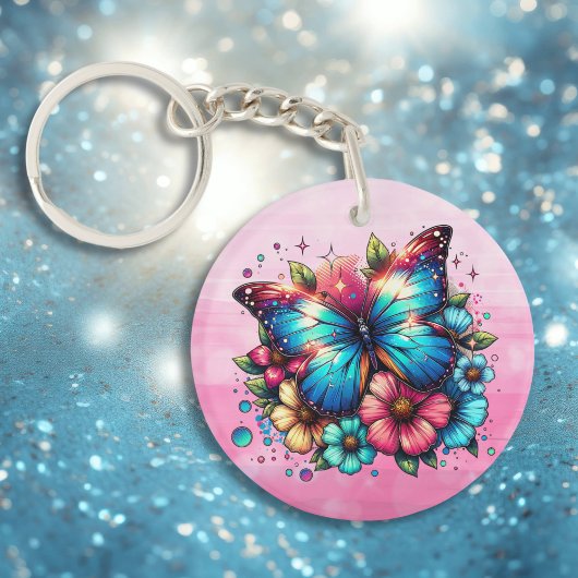 Blauwe vlinder en roze bloemen gepersonaliseerd sleutelhanger