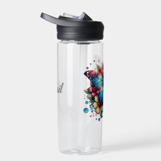 Blauwe vlinder en roze bloemen gepersonaliseerd waterfles (Rechts)