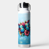 Blauwe vlinder en roze bloemen gepersonaliseerd waterfles (Voorkant)