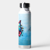 Blauwe vlinder en roze bloemen gepersonaliseerd waterfles (Links)