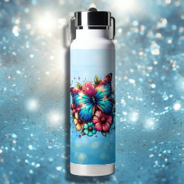 Blauwe vlinder en roze bloemen gepersonaliseerd waterfles
