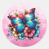 Blauwe vlinder en roze bloemen ronde sticker (Voorkant)