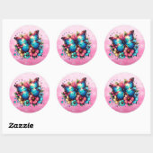 Blauwe vlinder en roze bloemen ronde sticker (Vel)
