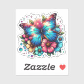 Blauwe vlinder en roze bloemen sticker (Vel)