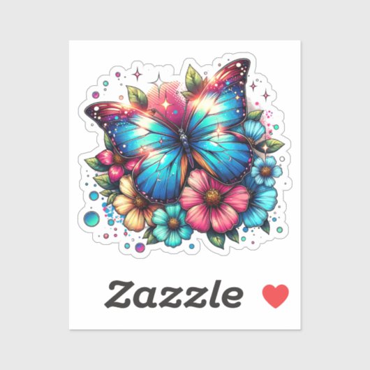 Blauwe vlinder en roze bloemen sticker (Vel)