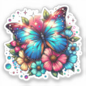 Blauwe vlinder en roze bloemen sticker (Voorkant)