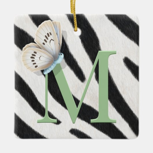 Blauwe vlinder en Zebra groene monogram op maat Keramisch Ornament (Voorkant)