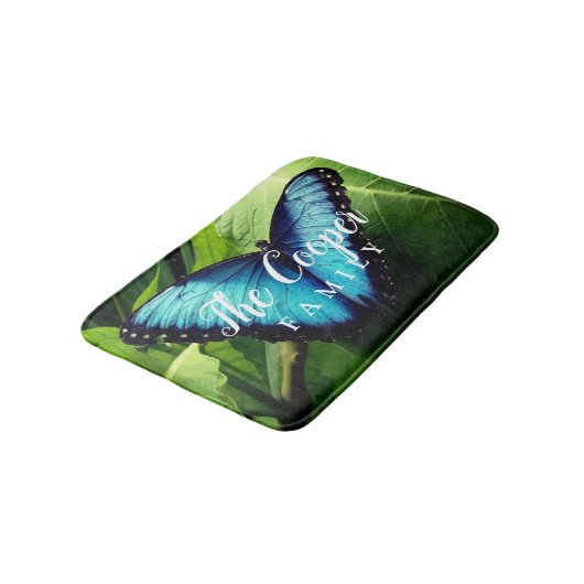 Blauwe vlinder foto met aangepaste familienaam badmat (Gekanteld)