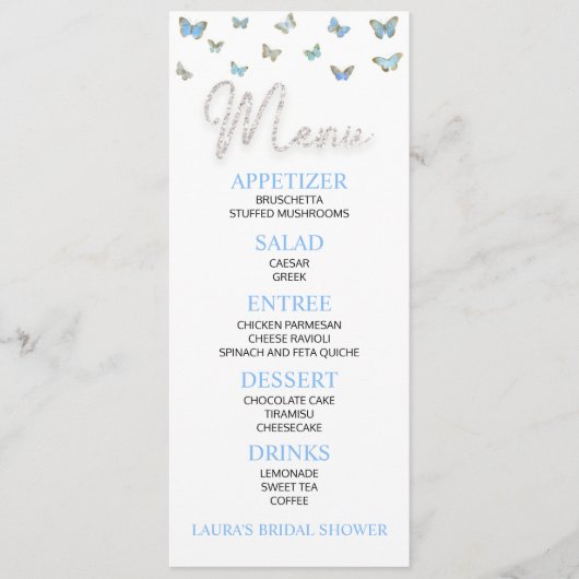 Blauwe vlinder Gedekte Vrijgezellenfeesten Menu (Voorkant)