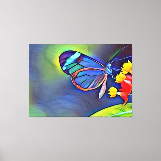 Blauwe vlinder gele bloem canvas afdruk (Voorkant)