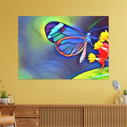 Blauwe vlinder gele bloem canvas afdruk (Insitu (Woonkamer))