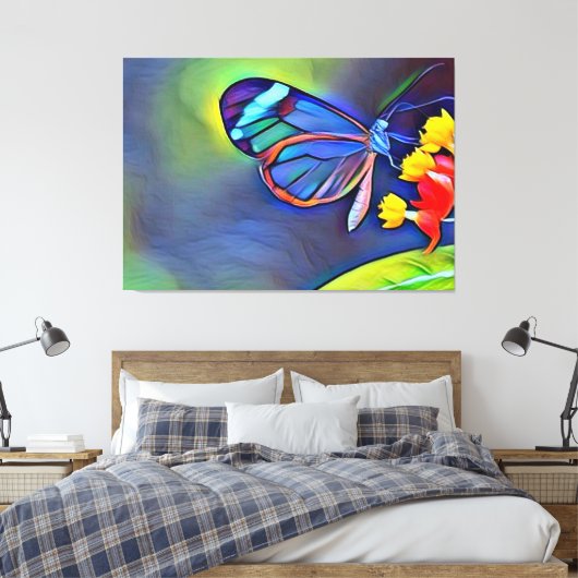 Blauwe vlinder gele bloem canvas afdruk (Insitu (Slaapkamer))