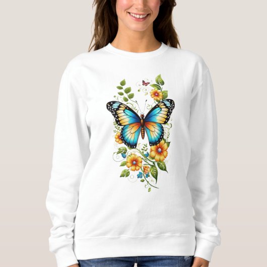 Blauwe Vlinder & Gele Bloemen-45871 Hoodie Trui (Voorkant)