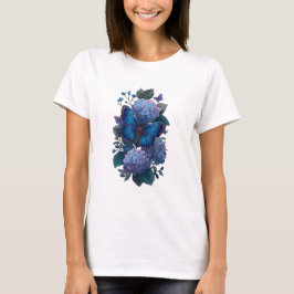 Blauwe Vlinder Hortensia Bloem Dames T-Shirt