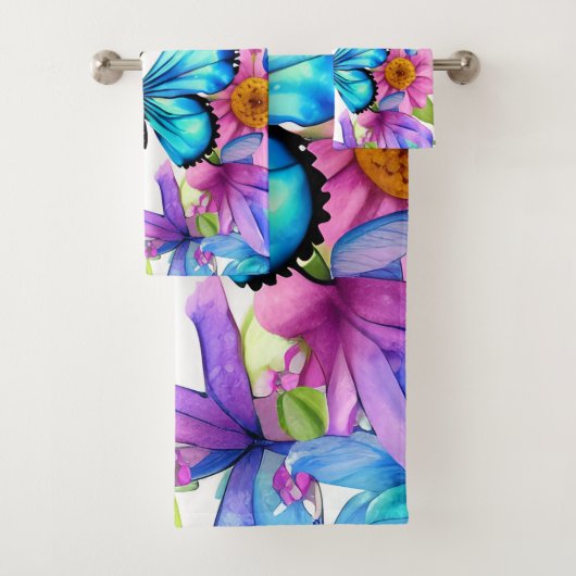 Blauwe vlinder in een gebied met bloemen bad handdoek (Insitu)