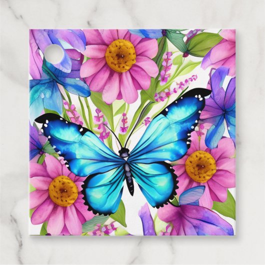 Blauwe vlinder in een gebied met bloemen bedankjes labels (Voorkant)