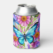 Blauwe vlinder in een gebied met bloemen blikjeskoeler (Blikje Voorkant)