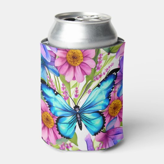 Blauwe vlinder in een gebied met bloemen blikjeskoeler (Blikje Voorkant)