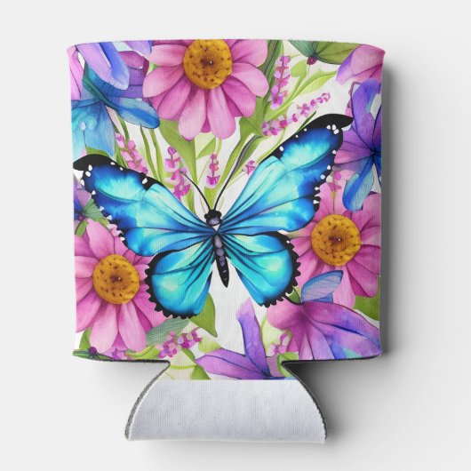 Blauwe vlinder in een gebied met bloemen blikjeskoeler (Achterkant)