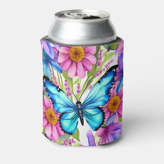 Blauwe vlinder in een gebied met bloemen blikjeskoeler (Blikje Achterkant)