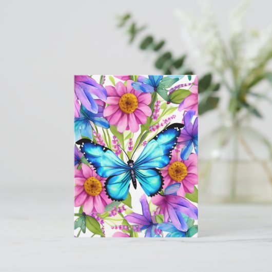 Blauwe vlinder in een gebied met bloemen briefkaart (Staand voorkant)