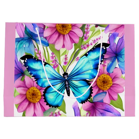 Blauwe vlinder in een gebied met bloemen groot cadeauzakje (Achterkant)