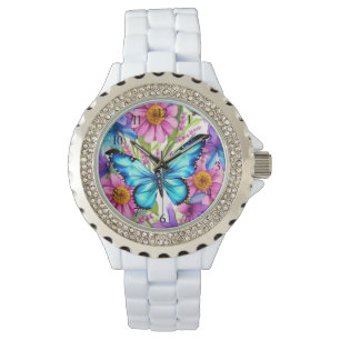 Blauwe vlinder in een gebied met bloemen horloge