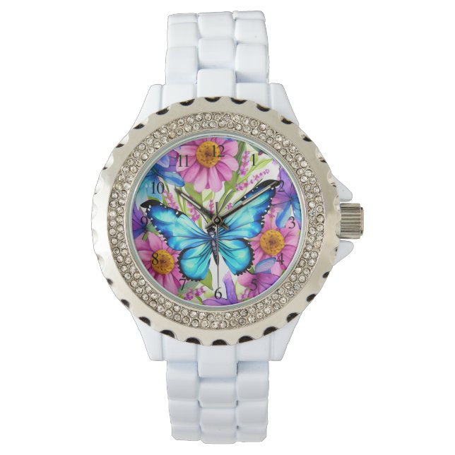 Blauwe vlinder in een gebied met bloemen horloge (Voorkant)