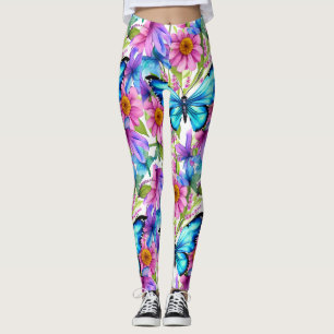 Blauwe vlinder in een gebied met bloemen leggings
