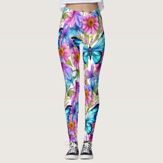 Blauwe vlinder in een gebied met bloemen leggings (Voorkant)
