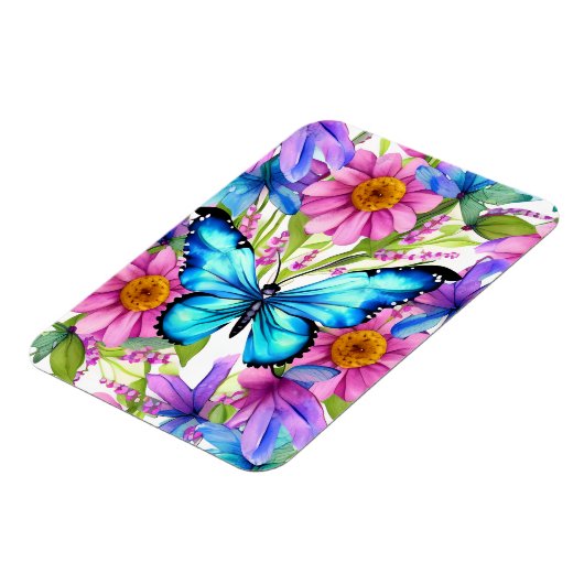 Blauwe vlinder in een gebied met bloemen magneet (Linkerzijde)