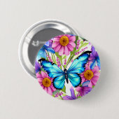Blauwe vlinder in een gebied met bloemen ronde button 5,7 cm (Voorkant /achterkant)