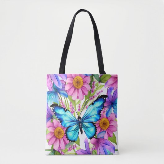 Blauwe vlinder in een gebied met bloemen tote bag (Voorkant)