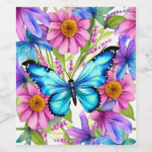 Blauwe vlinder in een gebied met bloemen wijn etiket (Enkel label)