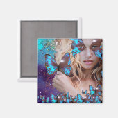 BLAUWE VLINDER IN TURQUOISE GROEN GOUD GLINSTERING MAGNEET (Voorkant / Achterkant)