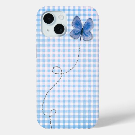 Blauwe vlinder in vlucht op Gingham Case-Mate iPhone Case (Achterkant)