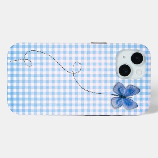 Blauwe vlinder in vlucht op Gingham Case-Mate iPhone Case (Achterkant (horizontaal))
