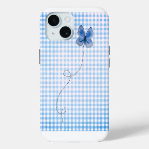 Blauwe vlinder in vlucht op Gingham iPhone 15 Case