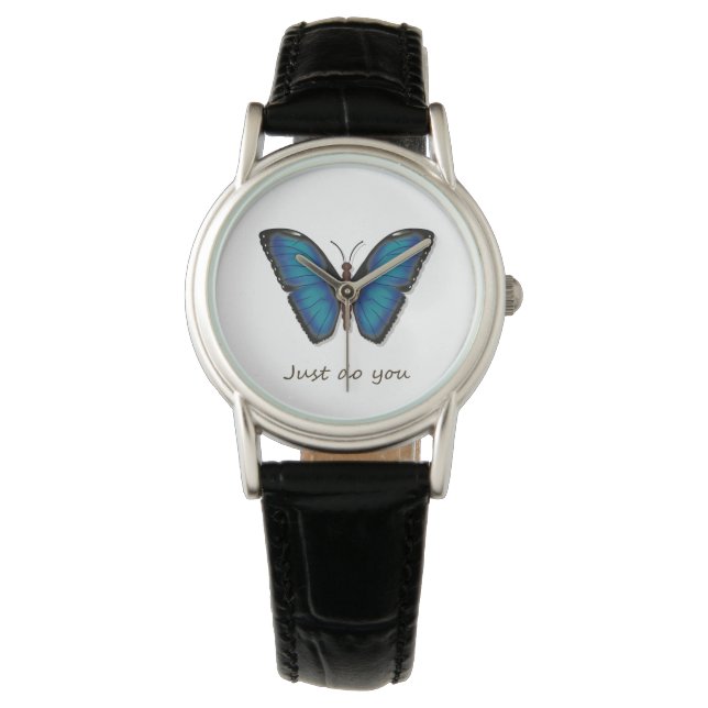 Blauwe vlinder klassieke leren horloge (Voorkant)