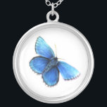 Blauwe vlinder kunst schilderij ketting<br><div class="desc">Prachtige blauwe vlinder geschilderd in waterverf en gouache van kunstenares Sarah Trett.</div>