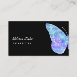 Blauwe vlinder logo op zwart visitekaartje