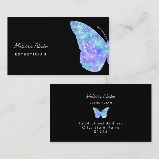 Blauwe vlinder logo op zwart visitekaartje (Voorkant / Achterkant)