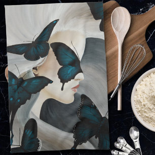 Blauwe Vlinder Maskerade Elegante Fantasie Theedoek