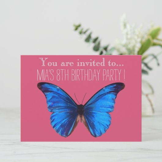 Blauwe vlinder meisje of tween verjaardagsfeestje kaart (Staand voorkant)