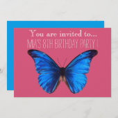 Blauwe vlinder meisje of tween verjaardagsfeestje kaart (Voorkant / Achterkant)