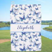 blauwe vlinder met aangepaste naam dames golfhanddoek