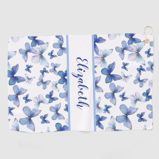blauwe vlinder met aangepaste naam dames golfhanddoek (Horizontaal)
